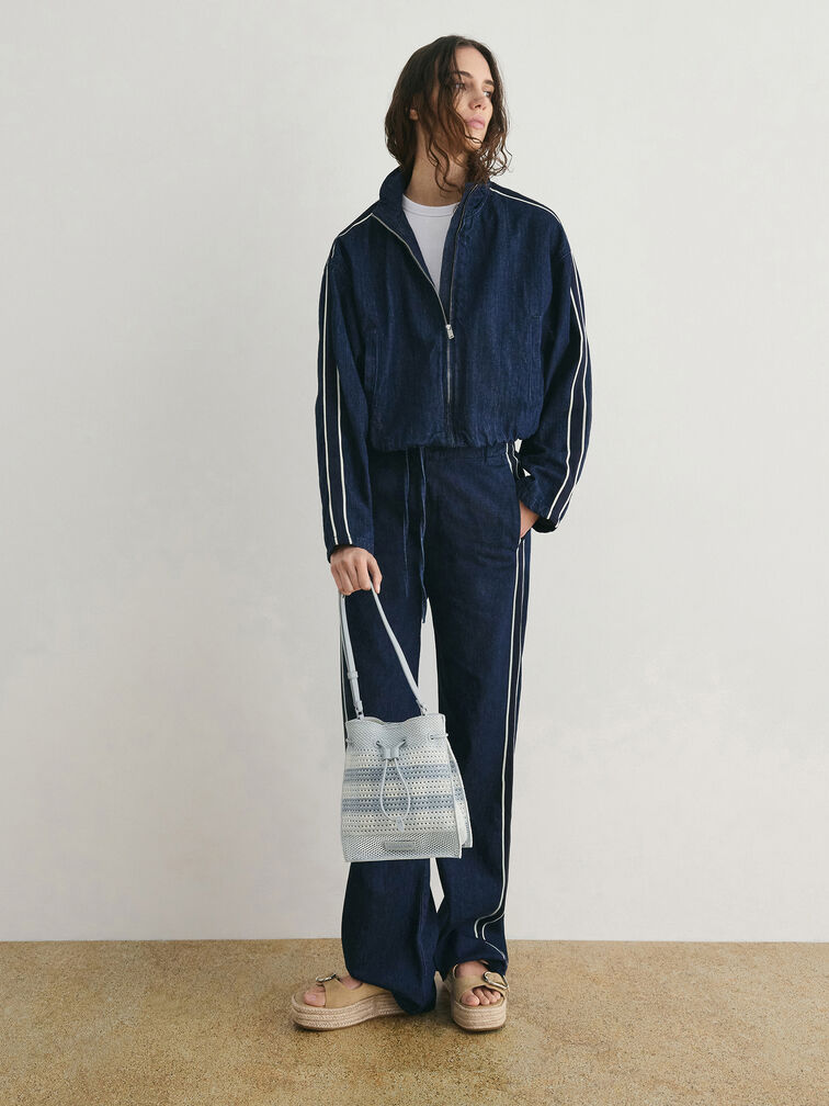 Ida Checkered Knitted Bucket Bag, Sea Salt Blue, hi-res