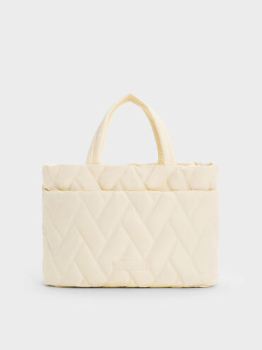 Nylon Chevron Boxy Tote Bag, Cream, hi-res
