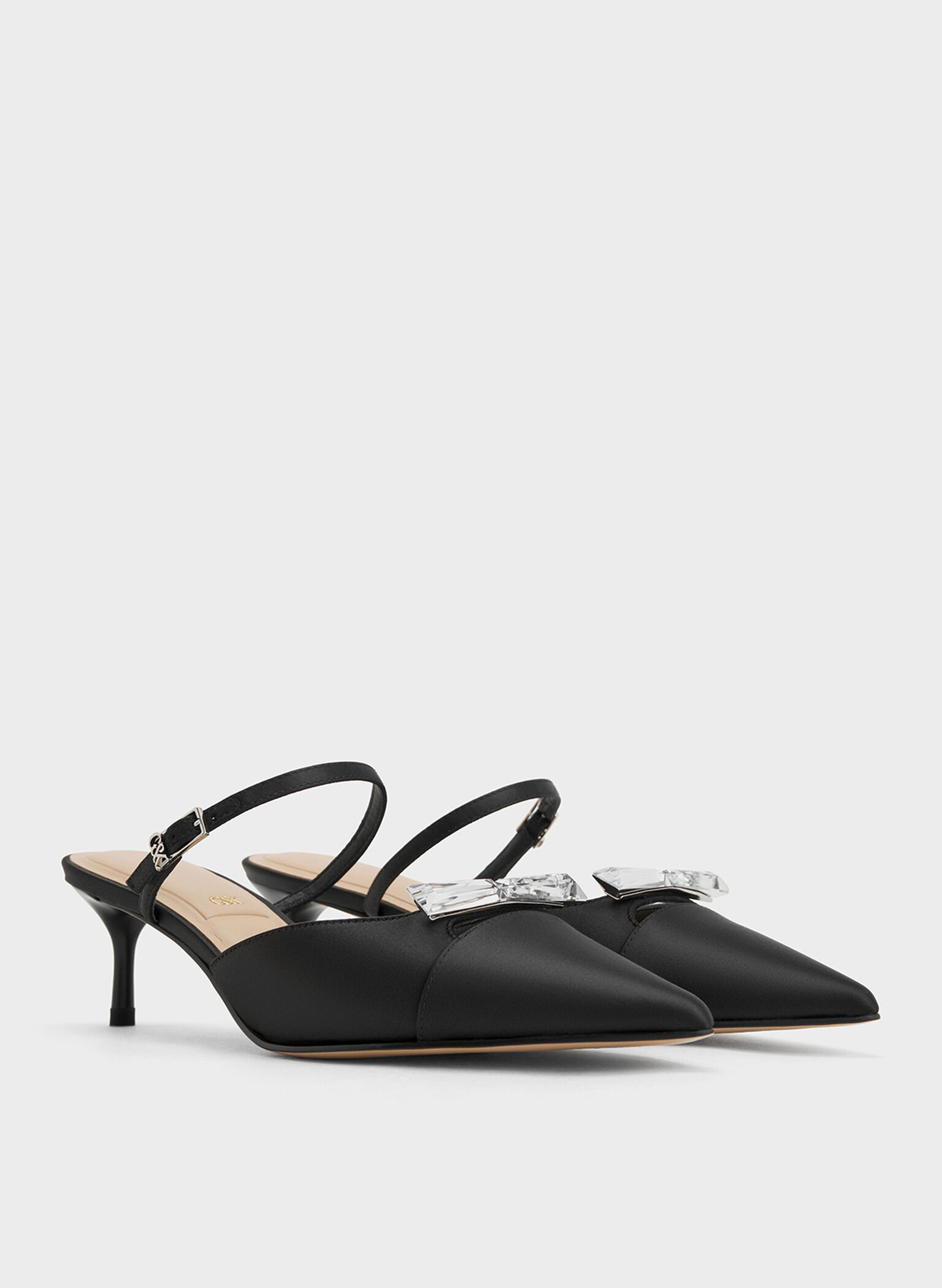 Recycled Polyester Bow Kitten-Heel Mules, Black Textured, hi-res