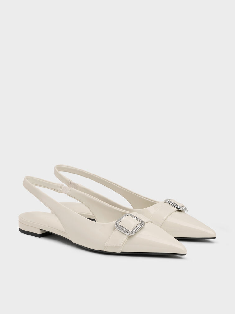 Patent Crystal-Buckle Pointed-Toe Slingback Flats, Chalk, hi-res