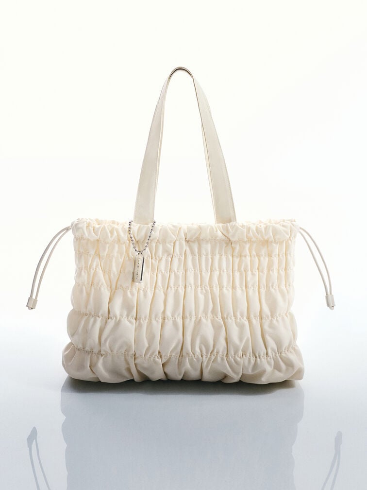 Klio Nylon Ruched Tote Bag, Cream, hi-res
