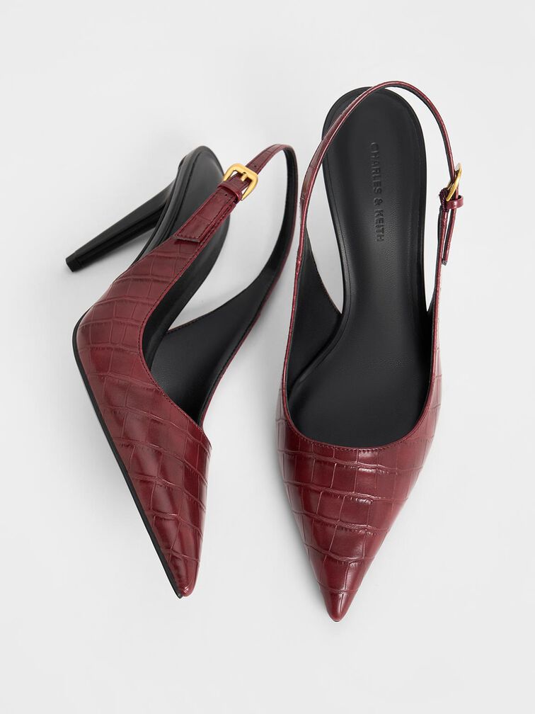 Croc-Effect Cone-Heel Pointed-Toe Pumps, Animal Print Red, hi-res