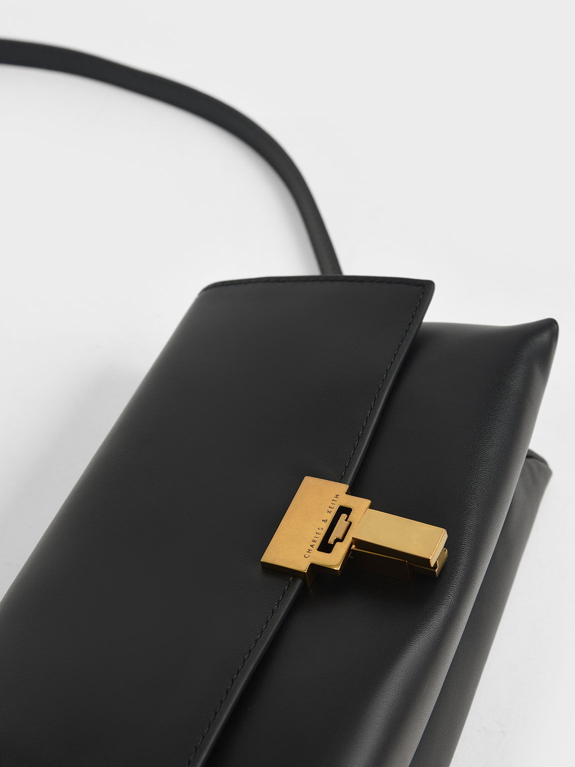 Leather Push-Lock Shoulder Bag, Black, hi-res