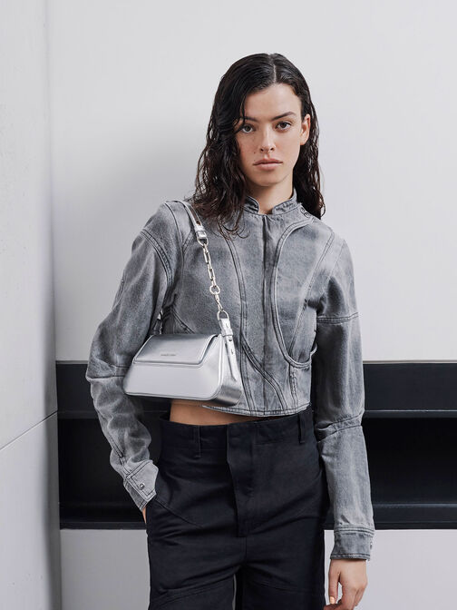 Olivia Metallic Trapeze Shoulder Bag, Silver, hi-res