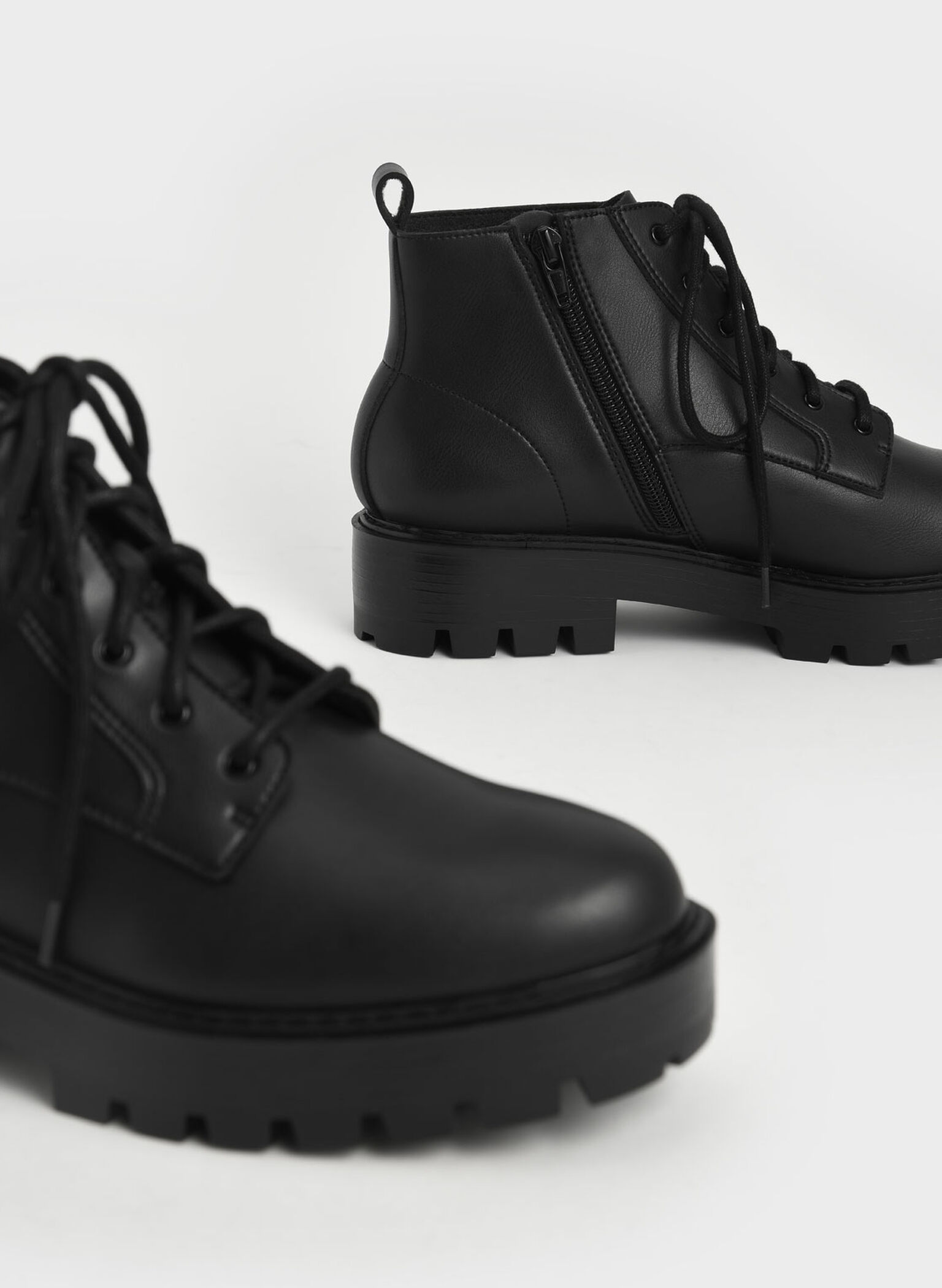 Lace-Up Chunky Ankle Boots, Black, hi-res