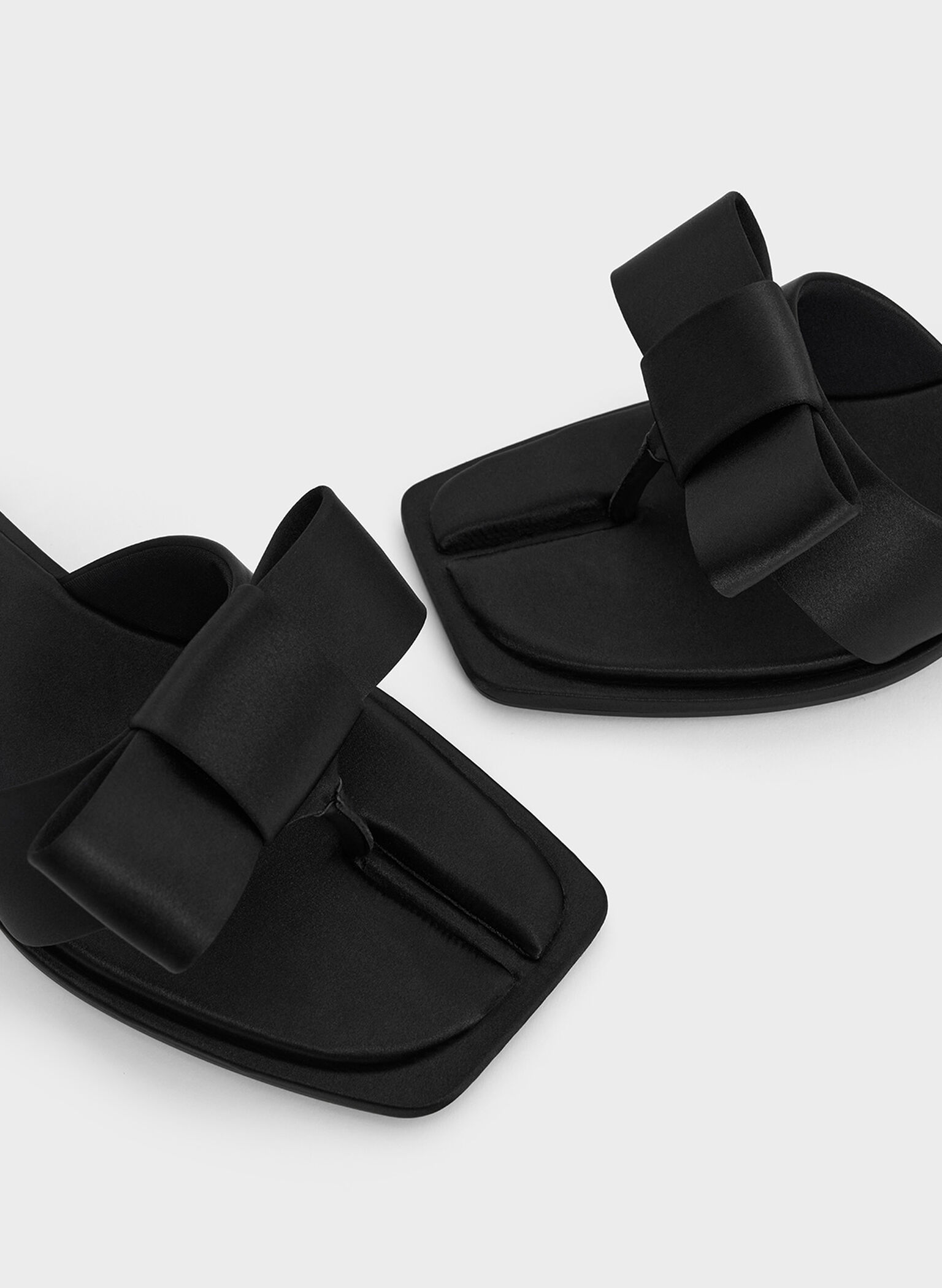 Satin Bow Heeled Thong Sandals, Black Textured, hi-res