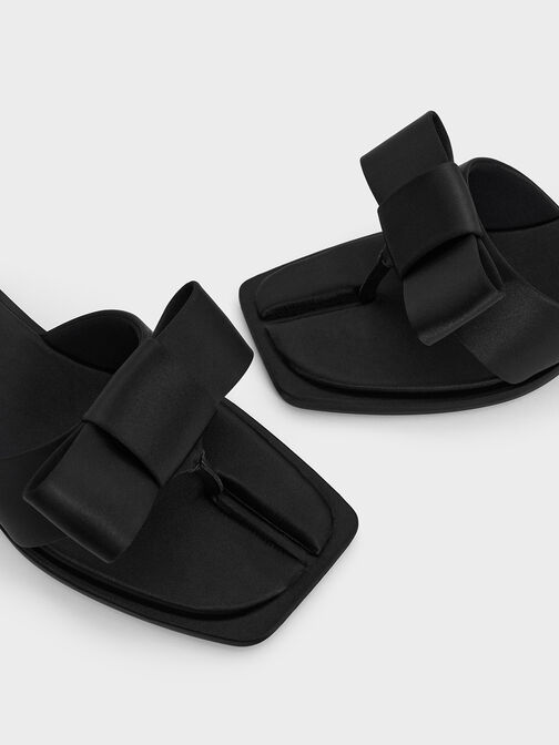 Satin Bow Heeled Thong Sandals, Black Textured, hi-res
