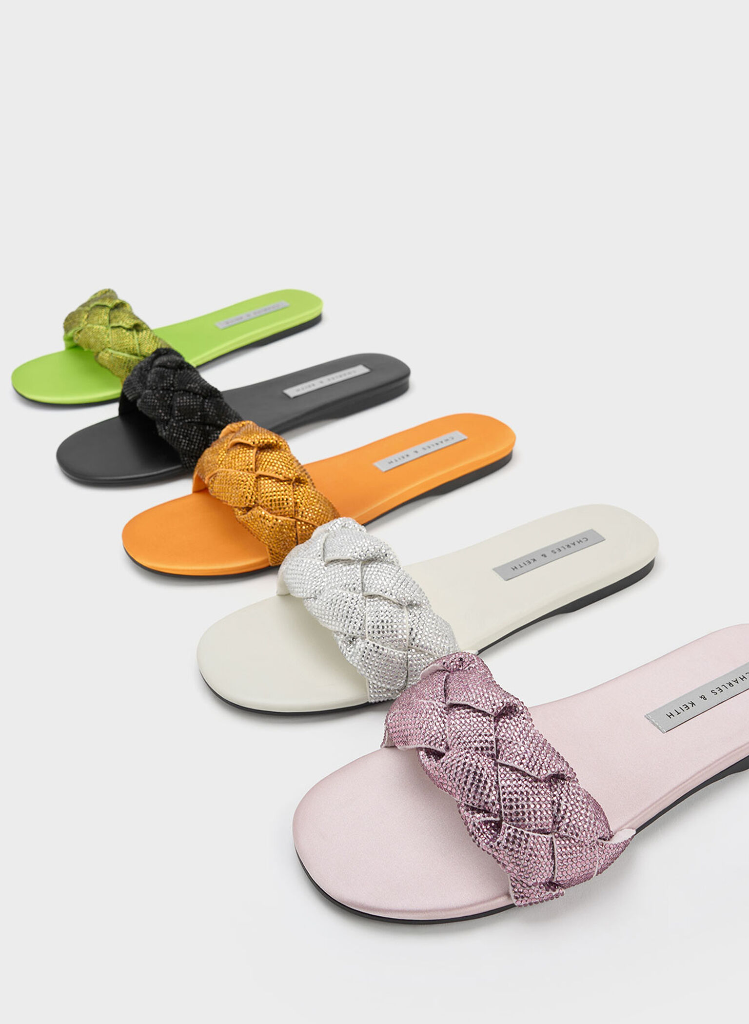 Gem-Embellished Braided Strap Slides, Cream, hi-res