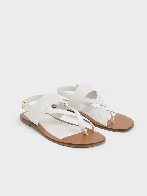 Toe-Ring Crossover-Strap Sandals, White, hi-res