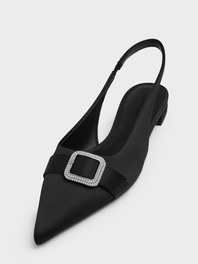 Satin Crystal-Buckle Pointed-Toe Slingback Flats, Black Textured, hi-res