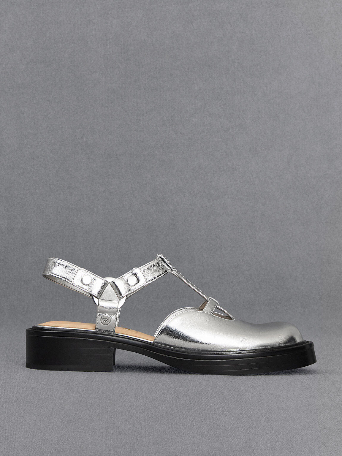 Leather Metallic Cut Out T Bar Sandals Silver