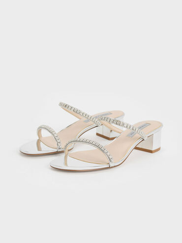 Ambrosia Metallic Gem-Embellished Mules, Silver, hi-res