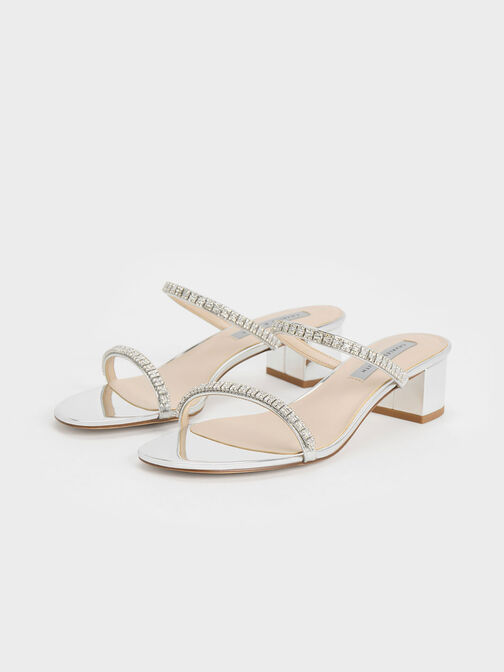 Ambrosia Metallic Gem-Embellished Mules, Silver, hi-res