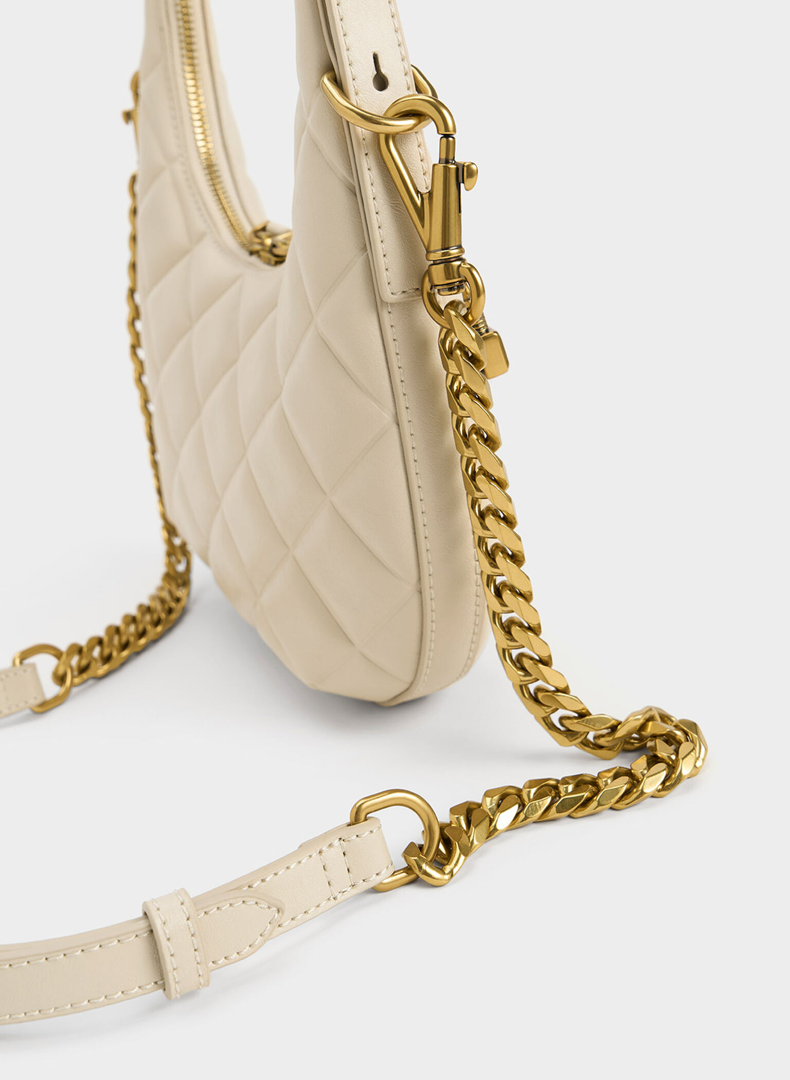 Swing Padlock Quilted Crescent Bag, Beige, hi-res