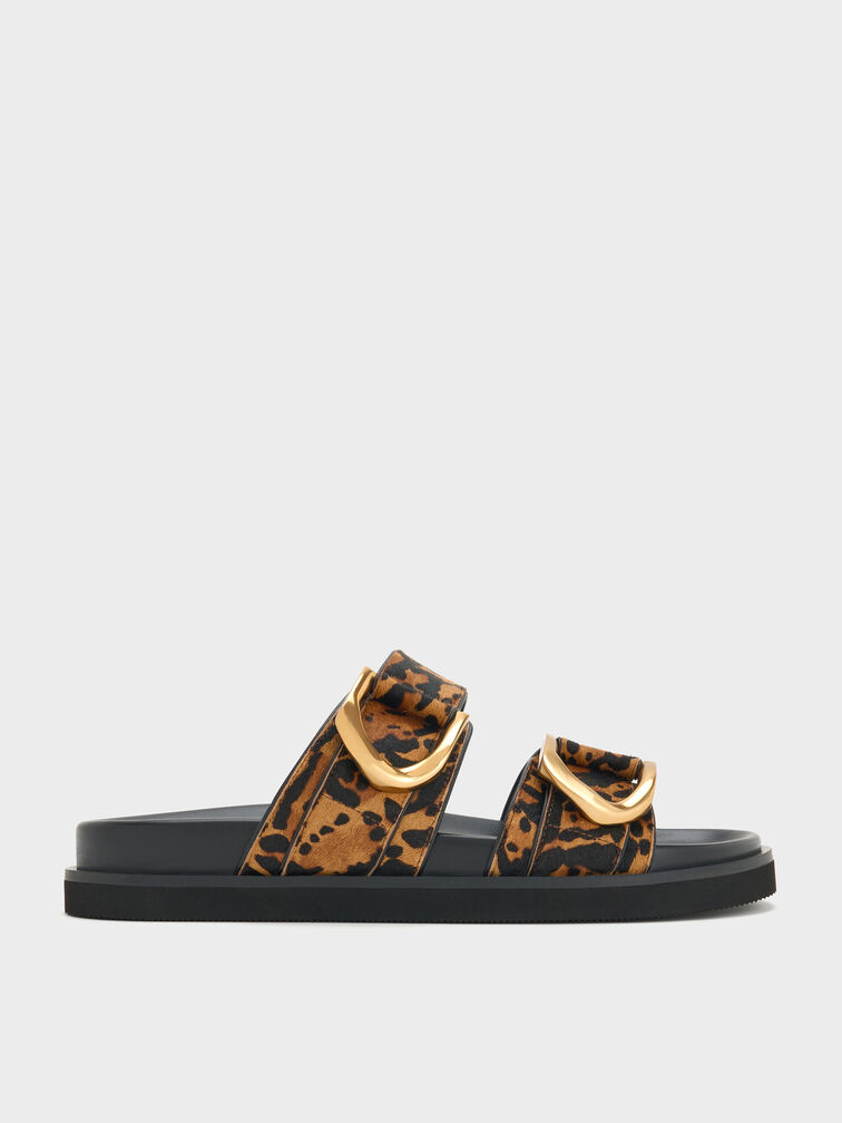 Gabine Leopard-Print Buckled Leather Slides, Animal Print Brown, hi-res