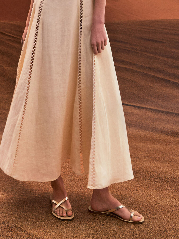 Metallic Asymmetric Strappy Toe-Ring Sandals, Light Gold, hi-res