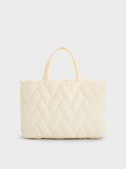 Nylon Chevron Boxy Tote Bag, Cream, hi-res