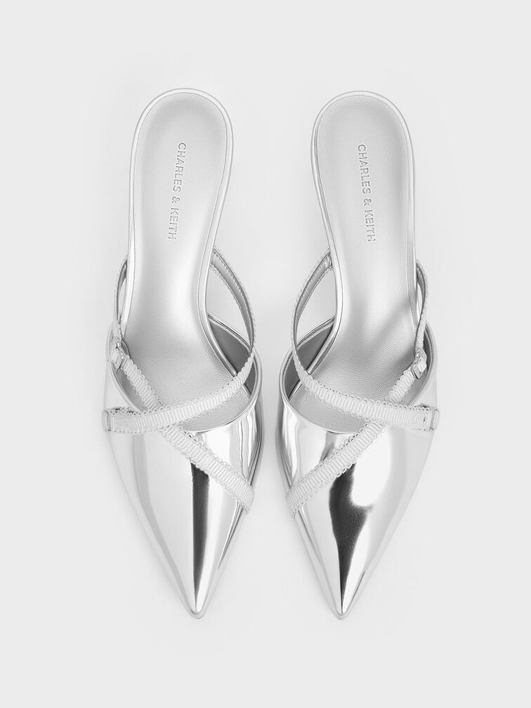 Metallic Grosgrain-Strap Pointed-Toe Mules, Silver, hi-res