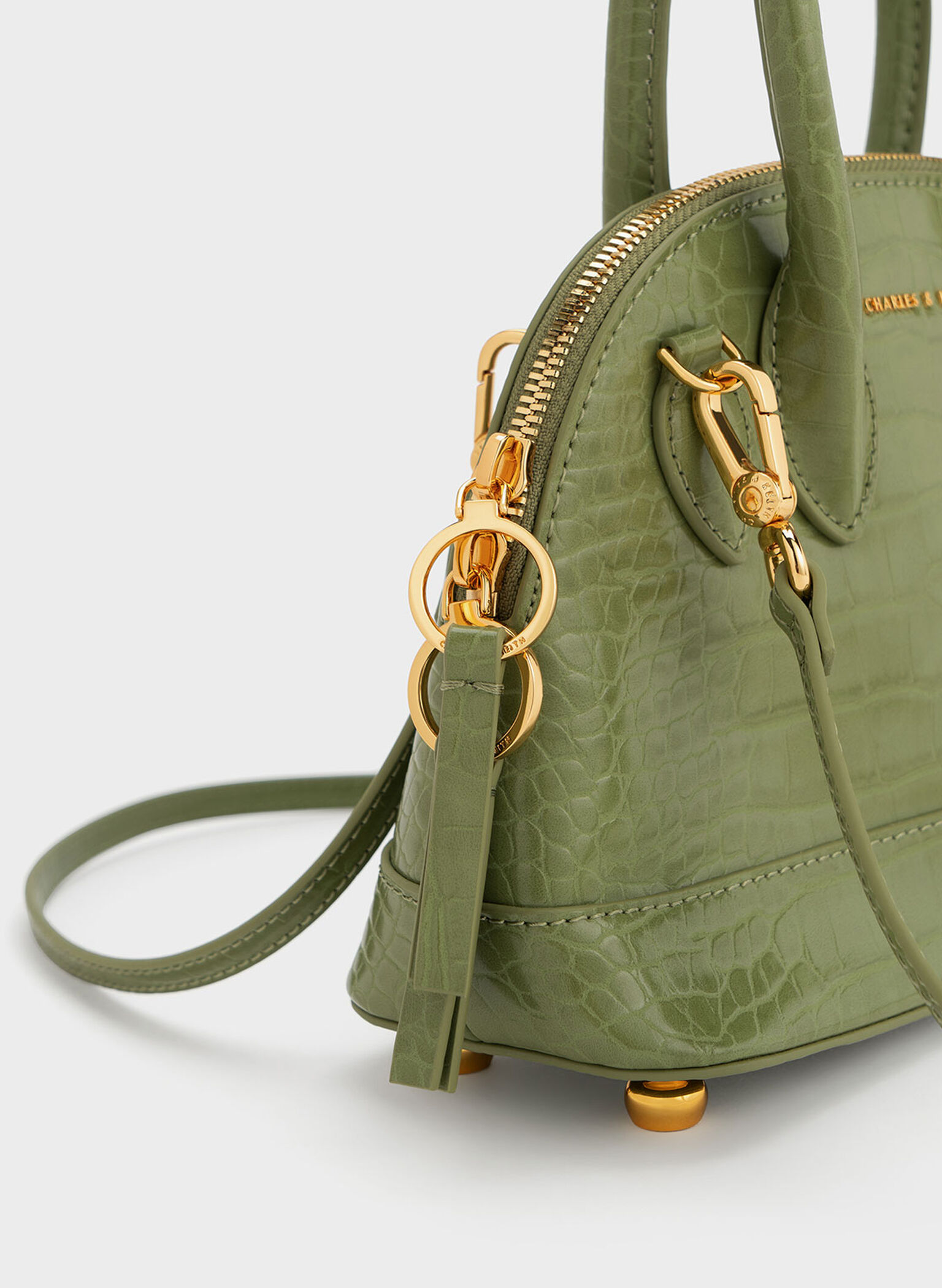 Harmonee Croc-Embossed Bowling Bag, Olive, hi-res