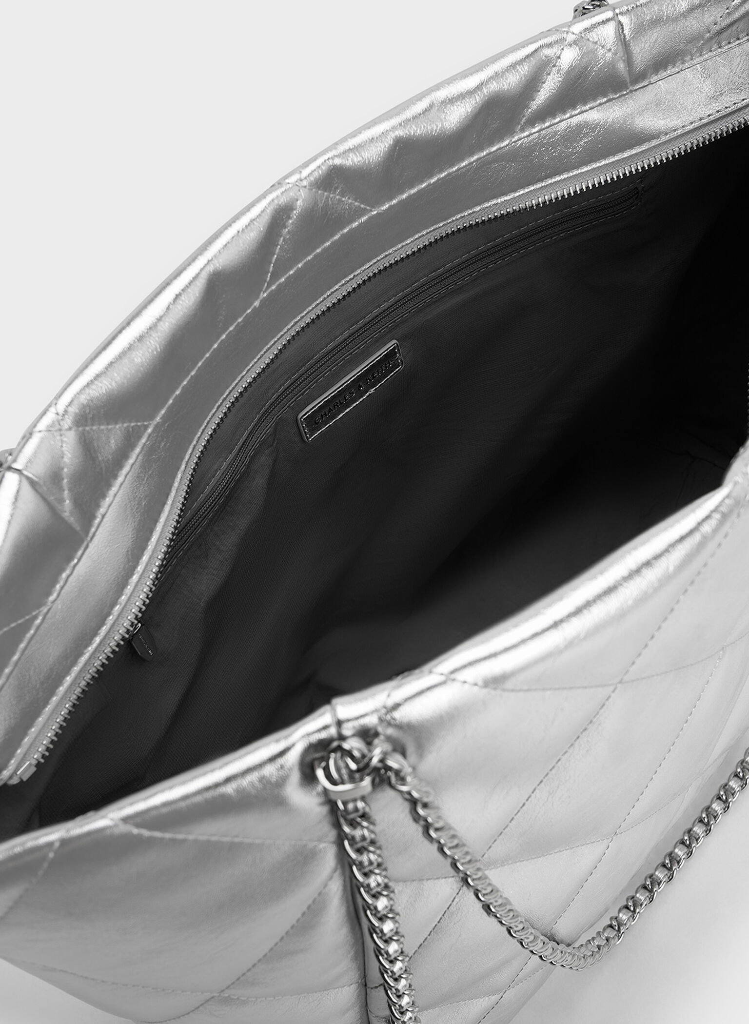 Apfra Metallic Quilted Chain-Embellished Tote Bag, Silver, hi-res