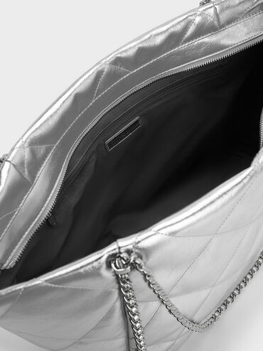Apfra Metallic Quilted Chain-Embellished Tote Bag, Silver, hi-res