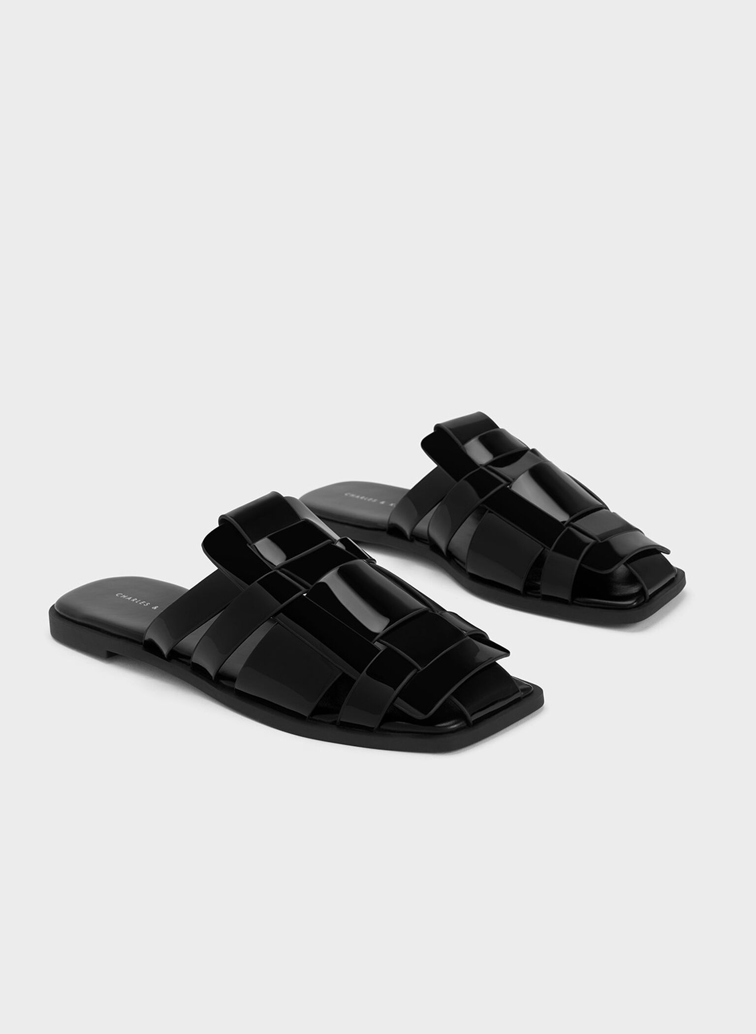 Patent Woven Flat Mules, Black Patent, hi-res