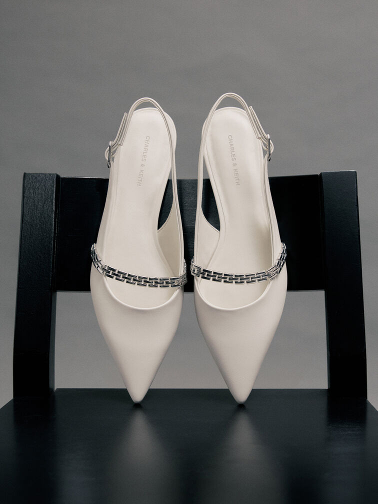 Chain-Strap Pointed-Toe Slingback Flats, Chalk, hi-res