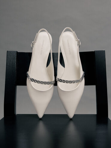 Chain-Strap Pointed-Toe Slingback Flats, Chalk, hi-res