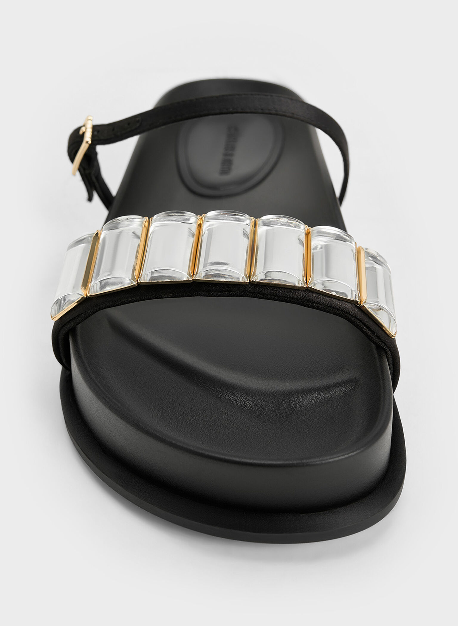 Satin Crystal-Embellished Double-Strap Sandals, Black Textured, hi-res