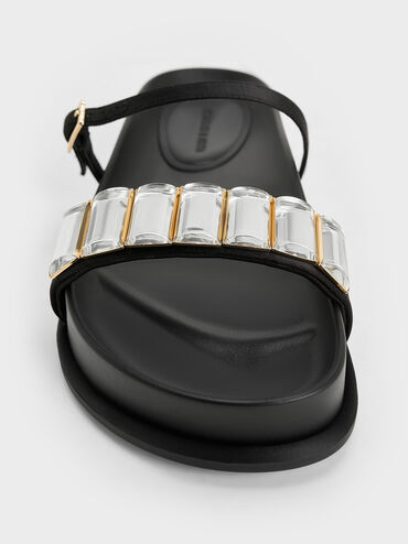 Satin Crystal-Embellished Double-Strap Sandals, Black Textured, hi-res