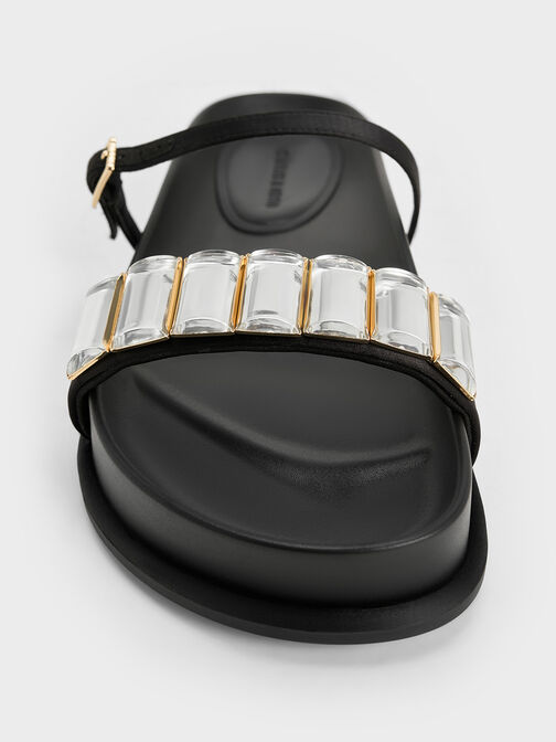 Satin Crystal-Embellished Double-Strap Sandals, Black Textured, hi-res
