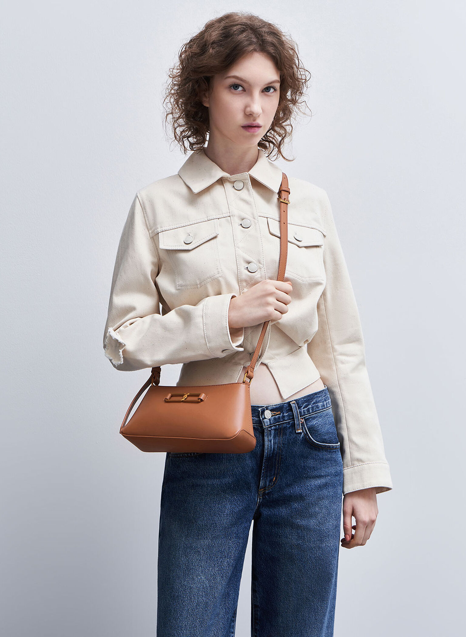 Gabine Leather Trapeze Shoulder Bag, Cognac, hi-res