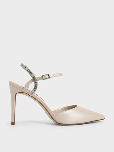 Embellished Back Strap Court Shoes, Nude, hi-res