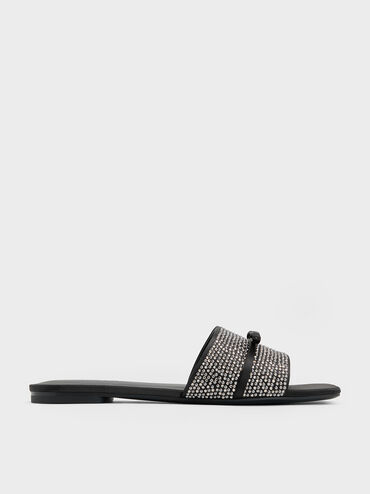 Satin Crystal-Embellished Bow Slide Sandals, Black Textured, hi-res