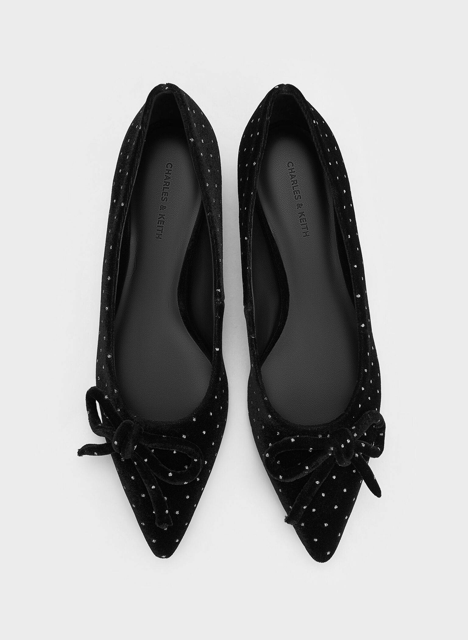Velvet Dotted Bow Pointed-Toe Kitten-Heel Pumps, Black Textured, hi-res