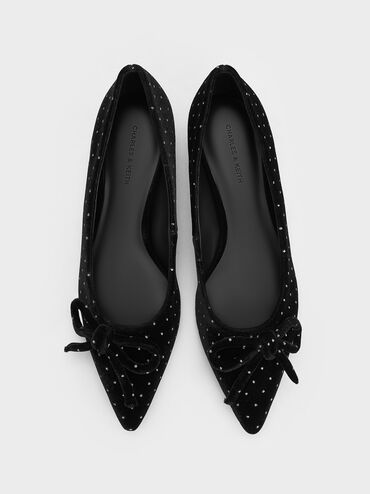 Velvet Dotted Bow Pointed-Toe Kitten-Heel Pumps, Black Textured, hi-res