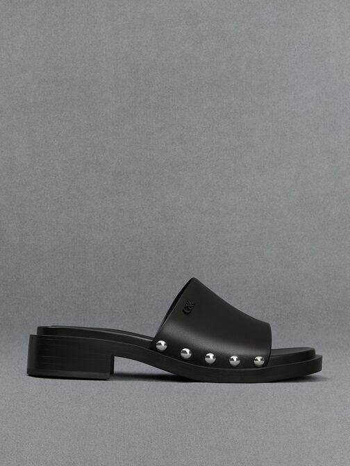 Leather Studded Sandals, Black, hi-res