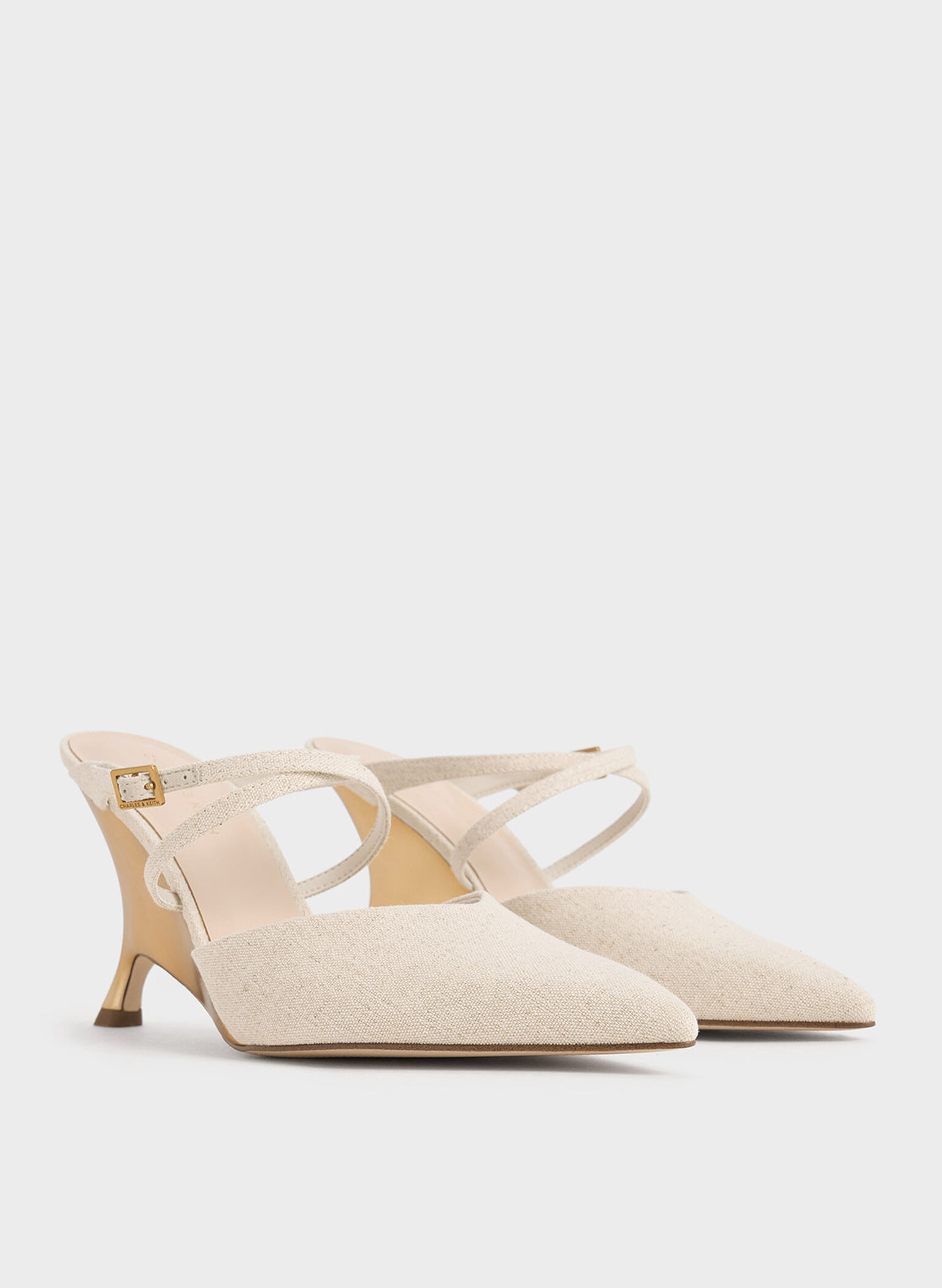 Linen Crossover-Strap Sculptural-Heel Wedges, Beige, hi-res