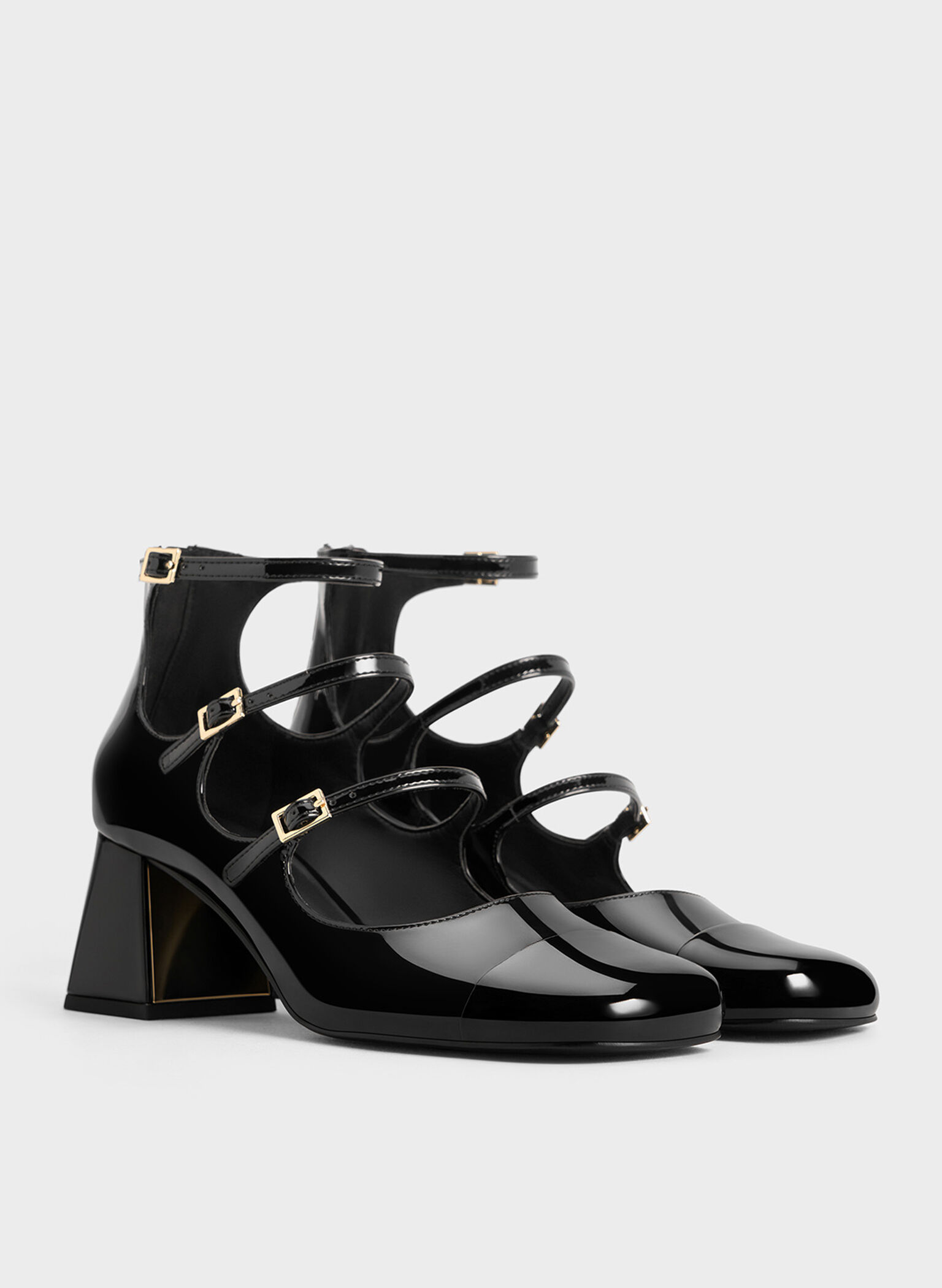 Patent Triple-Strap Cap-Toe Mary Jane Pumps, Black Patent, hi-res