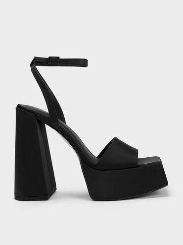 Recycled Polyester Ankle-Strap Platform Sandals, Black Textured, hi-res