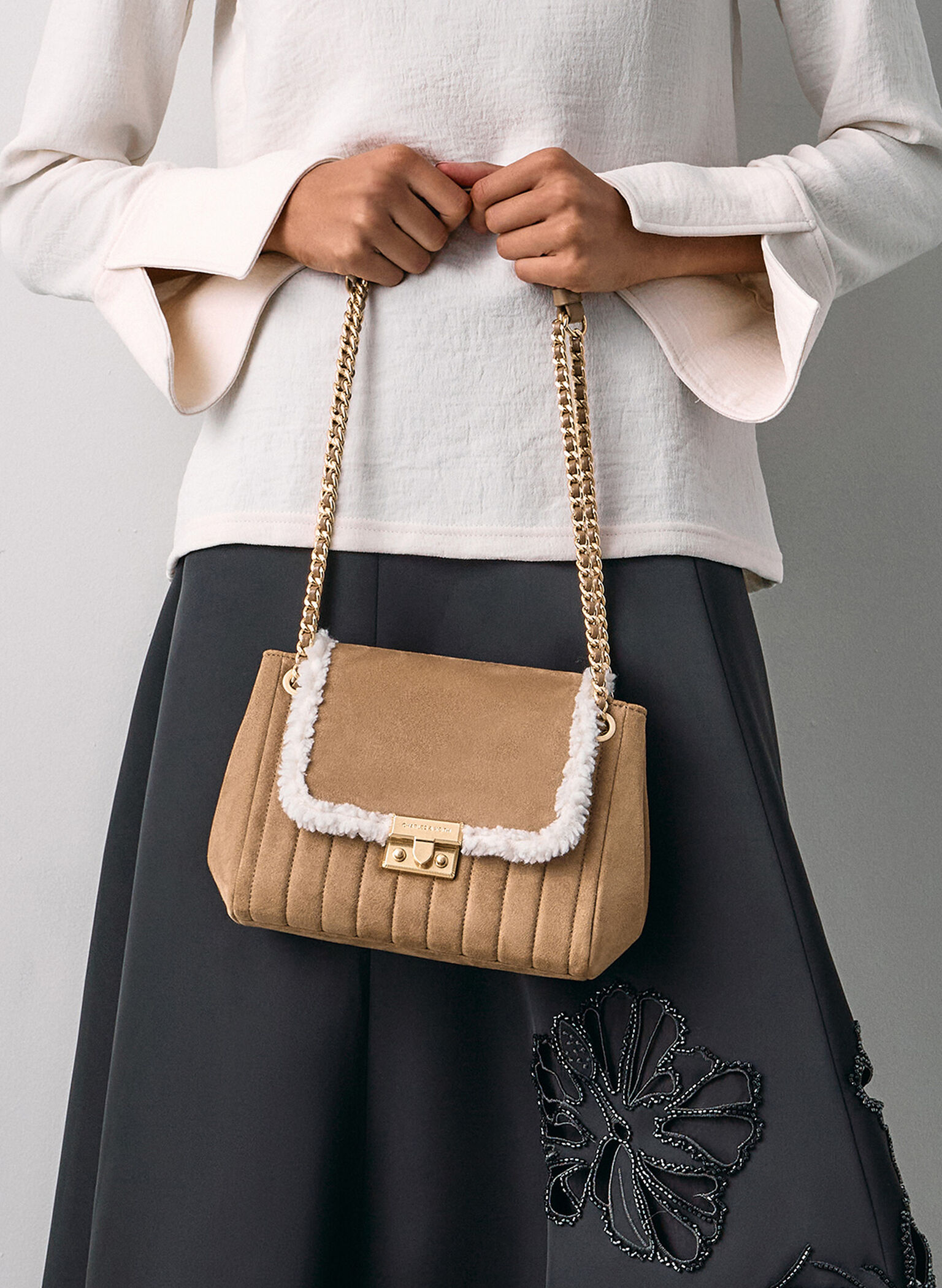 Donna Faux Suede Fur-Trim Shoulder Bag, Tan, hi-res