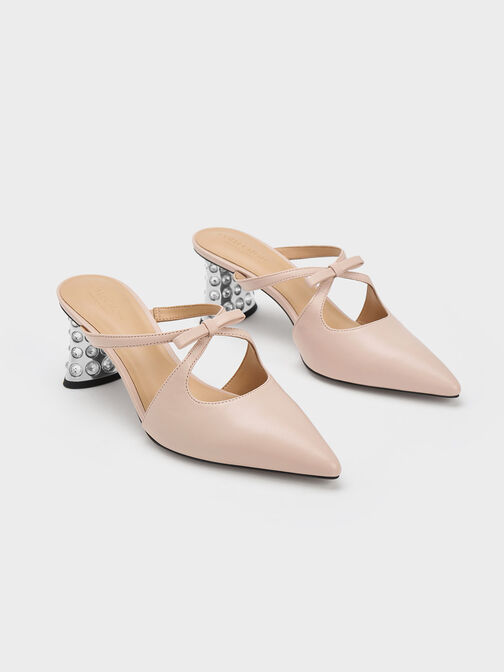 Bow Crossover Gem-Embellished Mules, Nude, hi-res