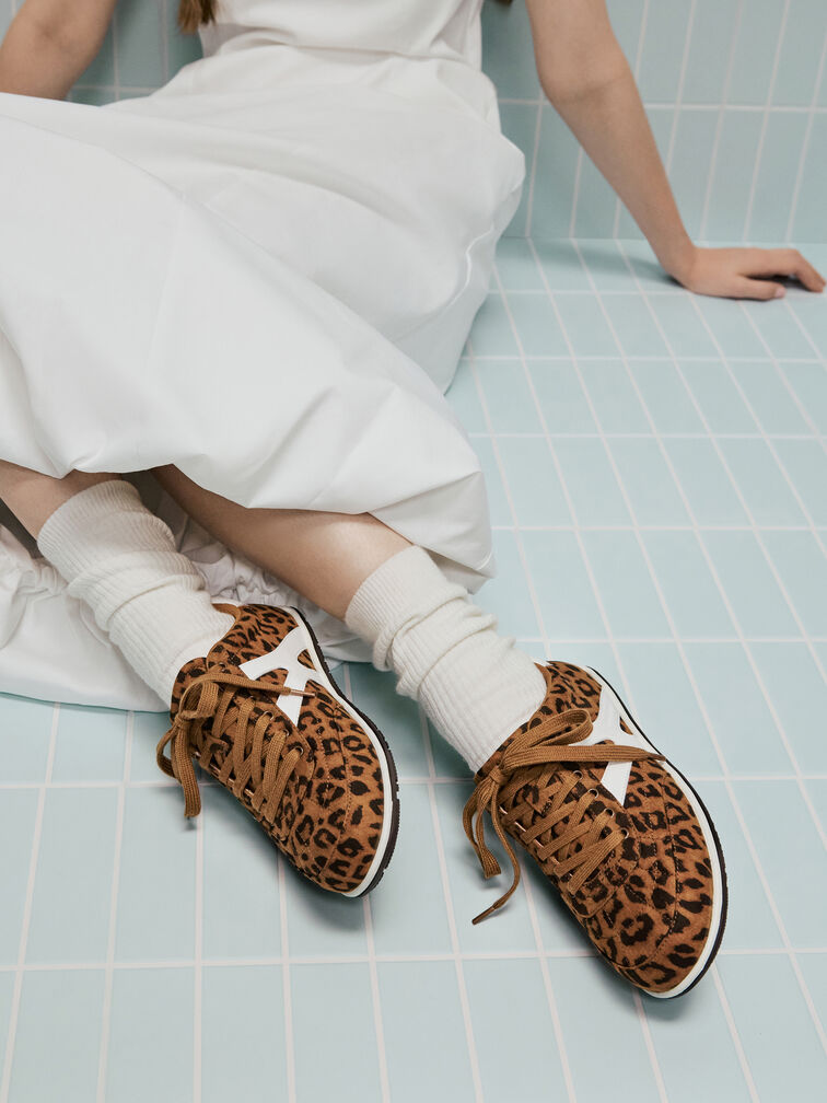 Faux Suede Leopard-Print Low-Top Sneakers, Animal Print Brown, hi-res
