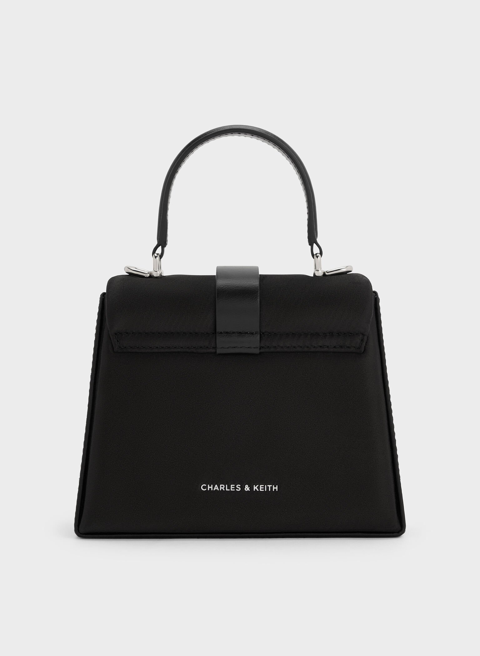 Satin Crystal-Buckle Belted Top Handle Bag, Noir, hi-res