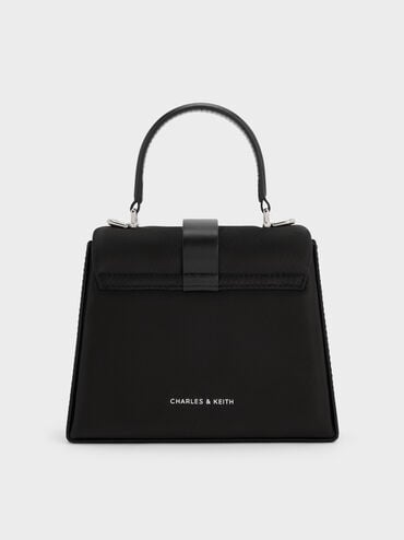 Satin Crystal-Buckle Belted Top Handle Bag, Noir, hi-res