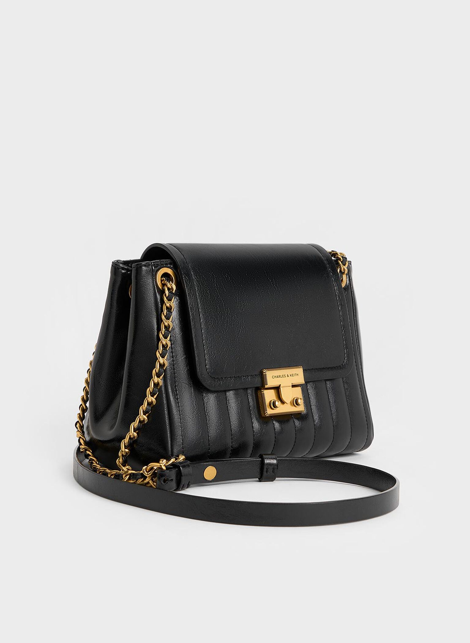 Donna Crinkle-Effect Shoulder Bag, Black, hi-res