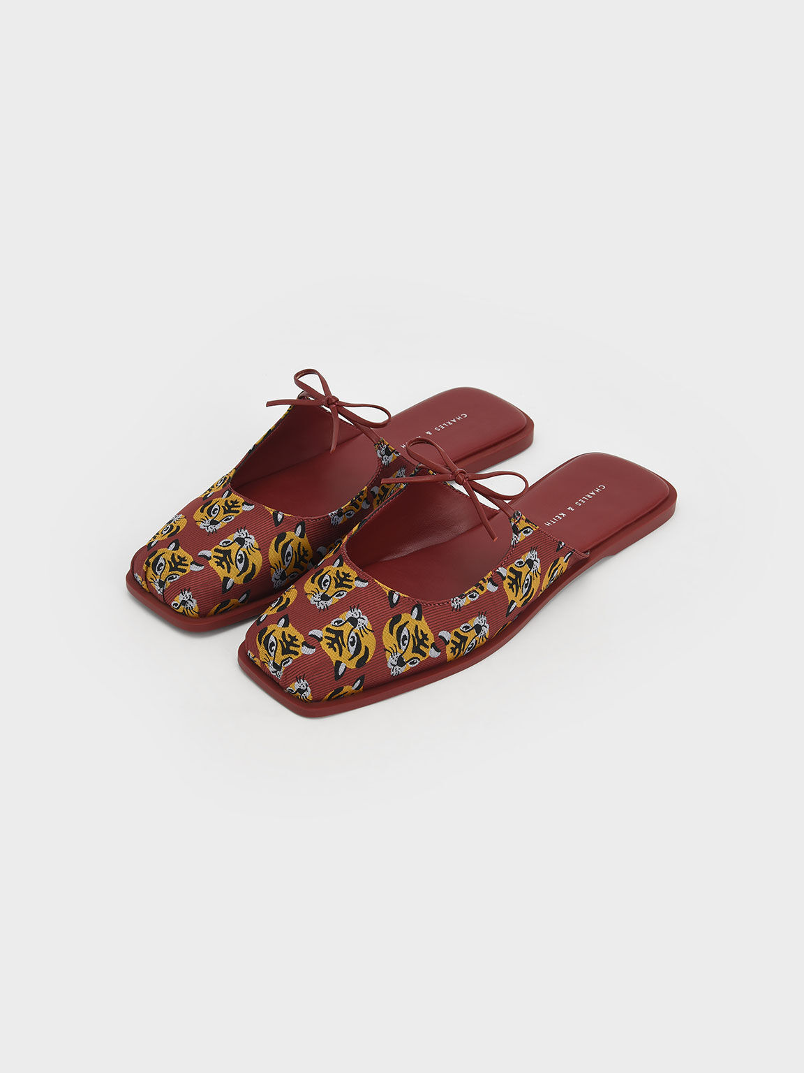 Lunar New Year Collection: Dionne Tiger-Print Jacquard Flat Mules, Red, hi-res