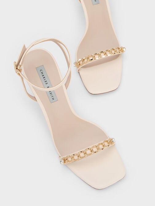 Chain-Embellished Ankle Strap Sandals, Chalk, hi-res