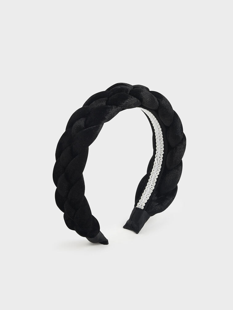 Estrello Velvet Braided Hairband, Black, hi-res