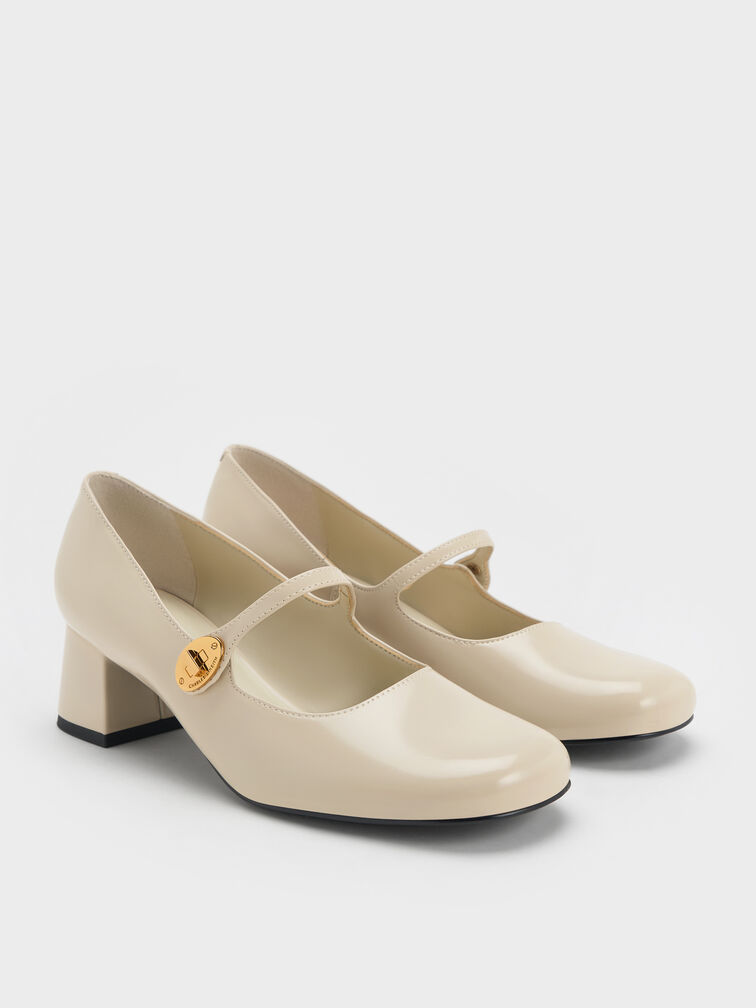 Hettie Patent Metallic-Buckle Block-Heel Mary Janes, Chalk, hi-res